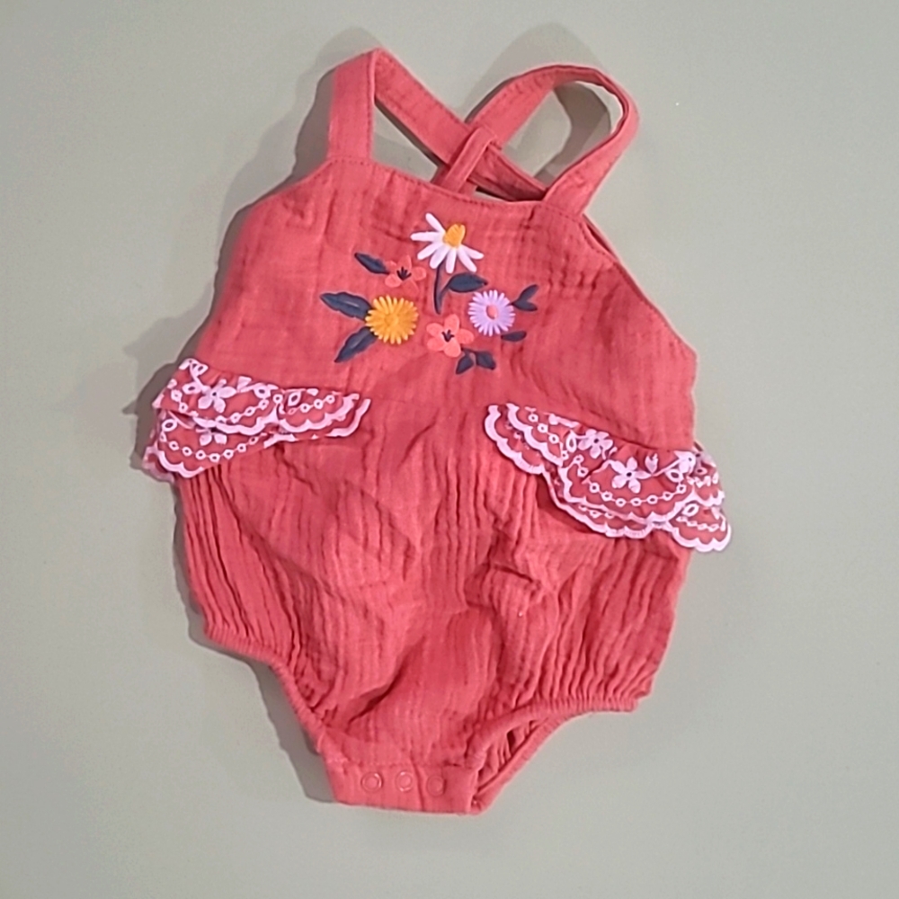 Baby Cat & Jacks orangish red romper with flowers and lace size Newborn